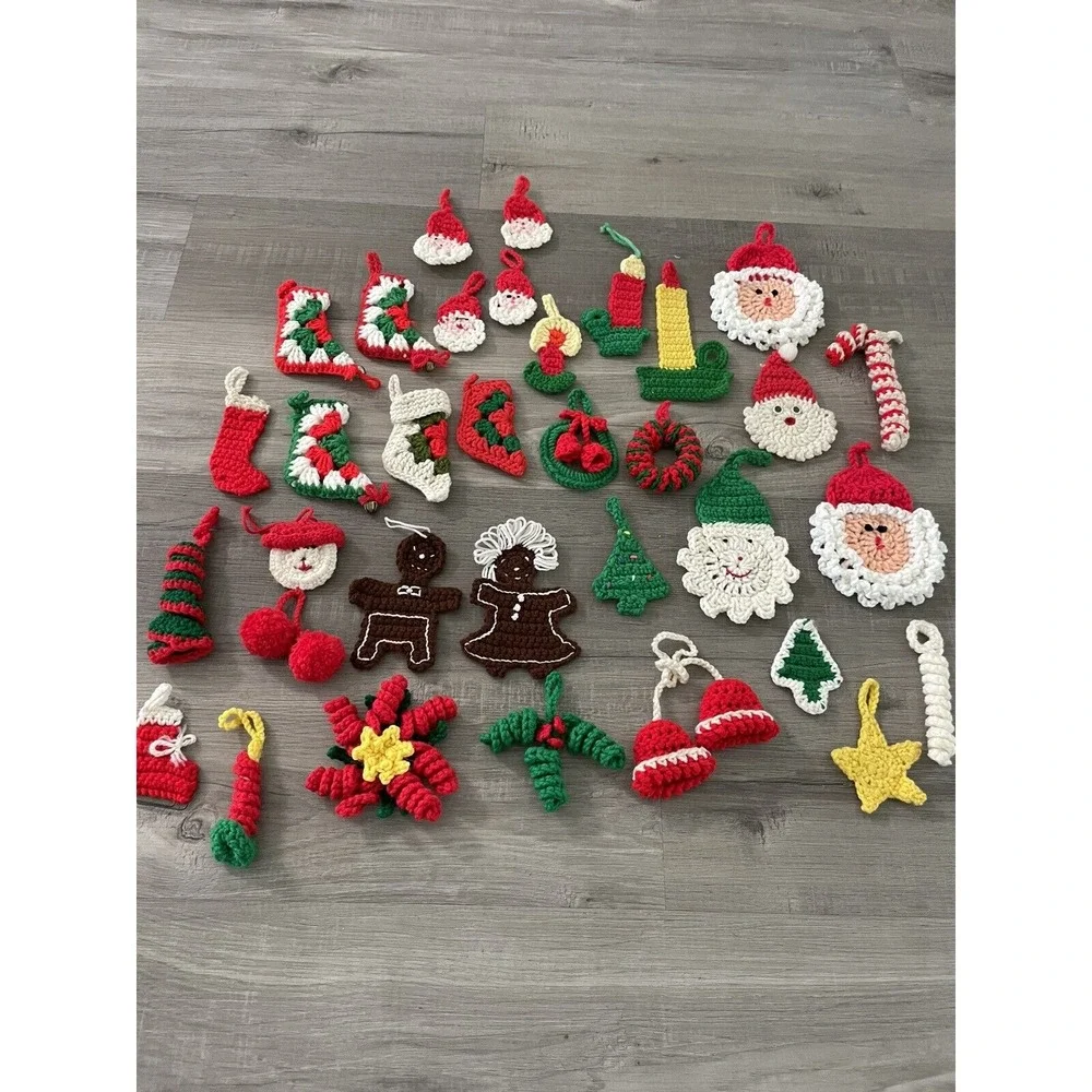 Vintage Lot of 33 Handmade Chrocheted Christmas Ornaments Santas Wreaths Candles